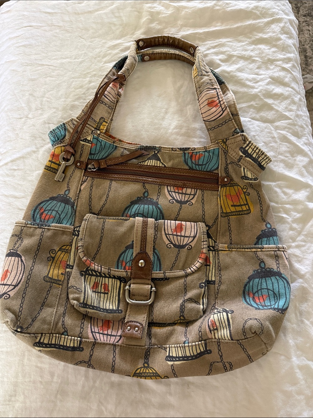 Fossil Canvas Birdcage Print Shoulder Bag - Beige with Blue & Yellow Accents